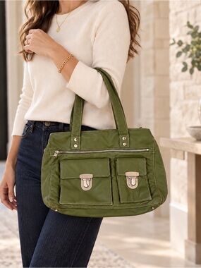 Perlina Olive Green Genuine Leather Triple Zip Satchel Shoulder Bag